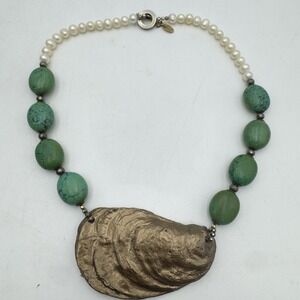 Hermosa Jewelry  Sea Shell Amulet Pendant Green Faux Turquoise Pearl Necklace